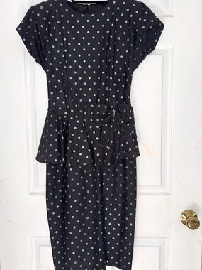 Vintage ifi Black Silver Glitter Polka Dot Peplum Dress - 7/8